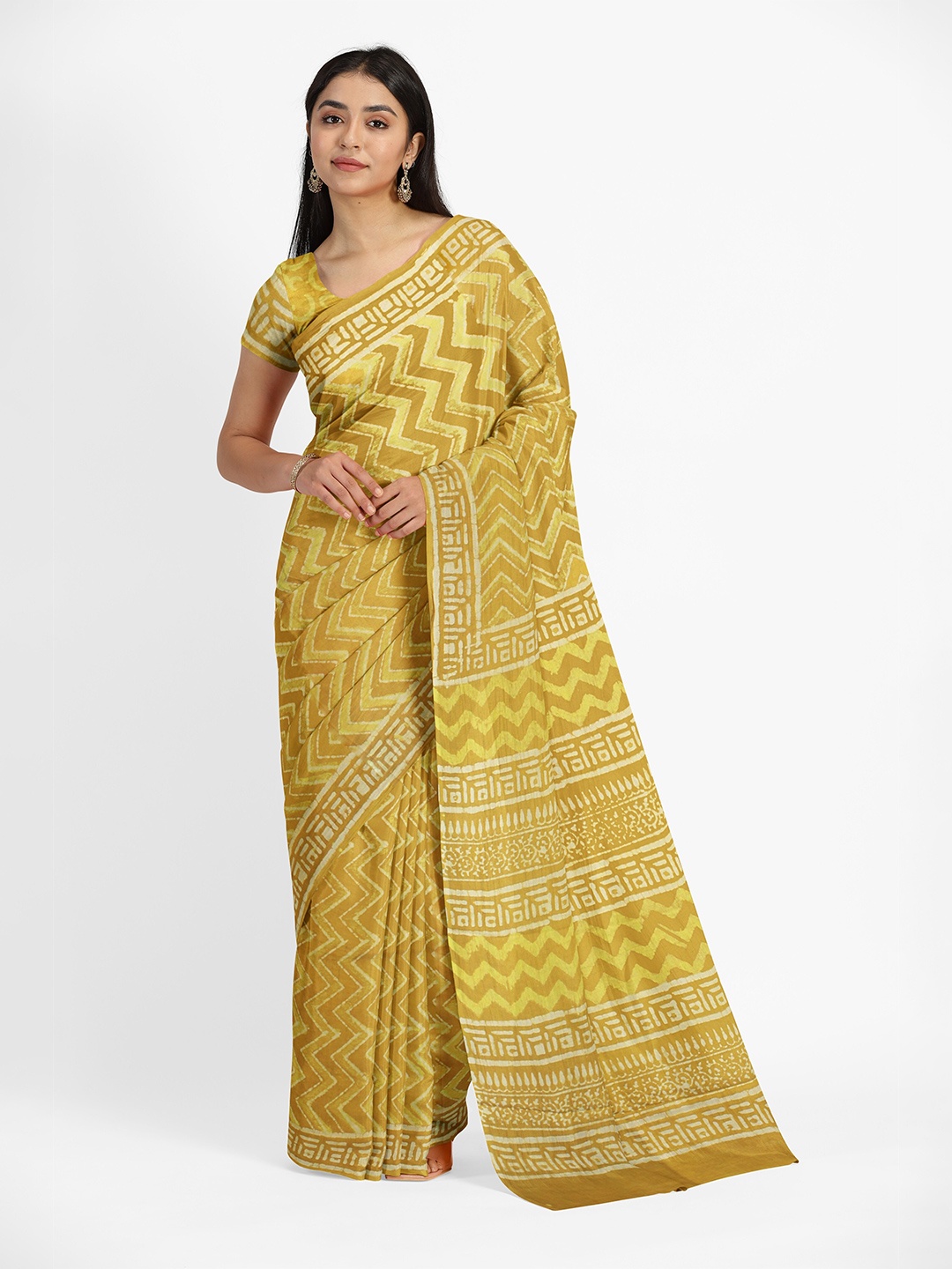 

Weaves of Tradition Dabu Pure Cotton Bagru Saree, Yellow