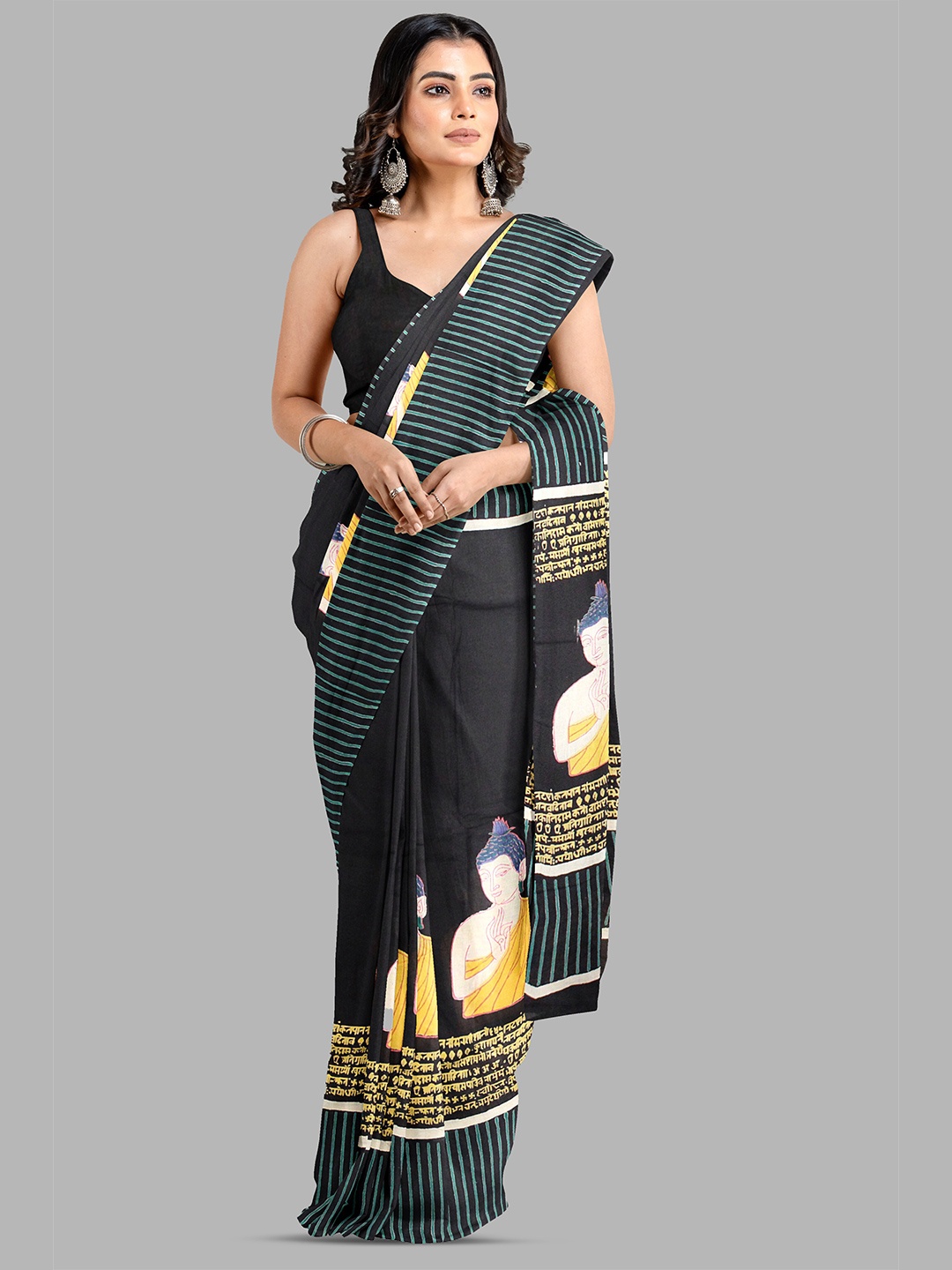 

Weaves of Tradition Ethnic Motifs Printed Pure Cotton Bagru Saree, Black