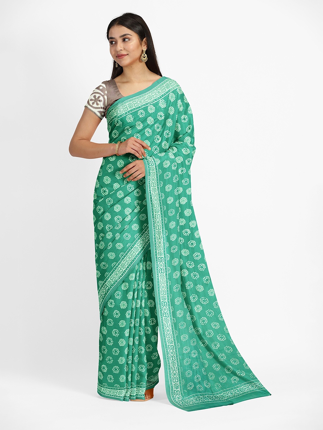 

Weaves of Tradition Floral Printed Pure Cotton Bagru Saree, Sea green