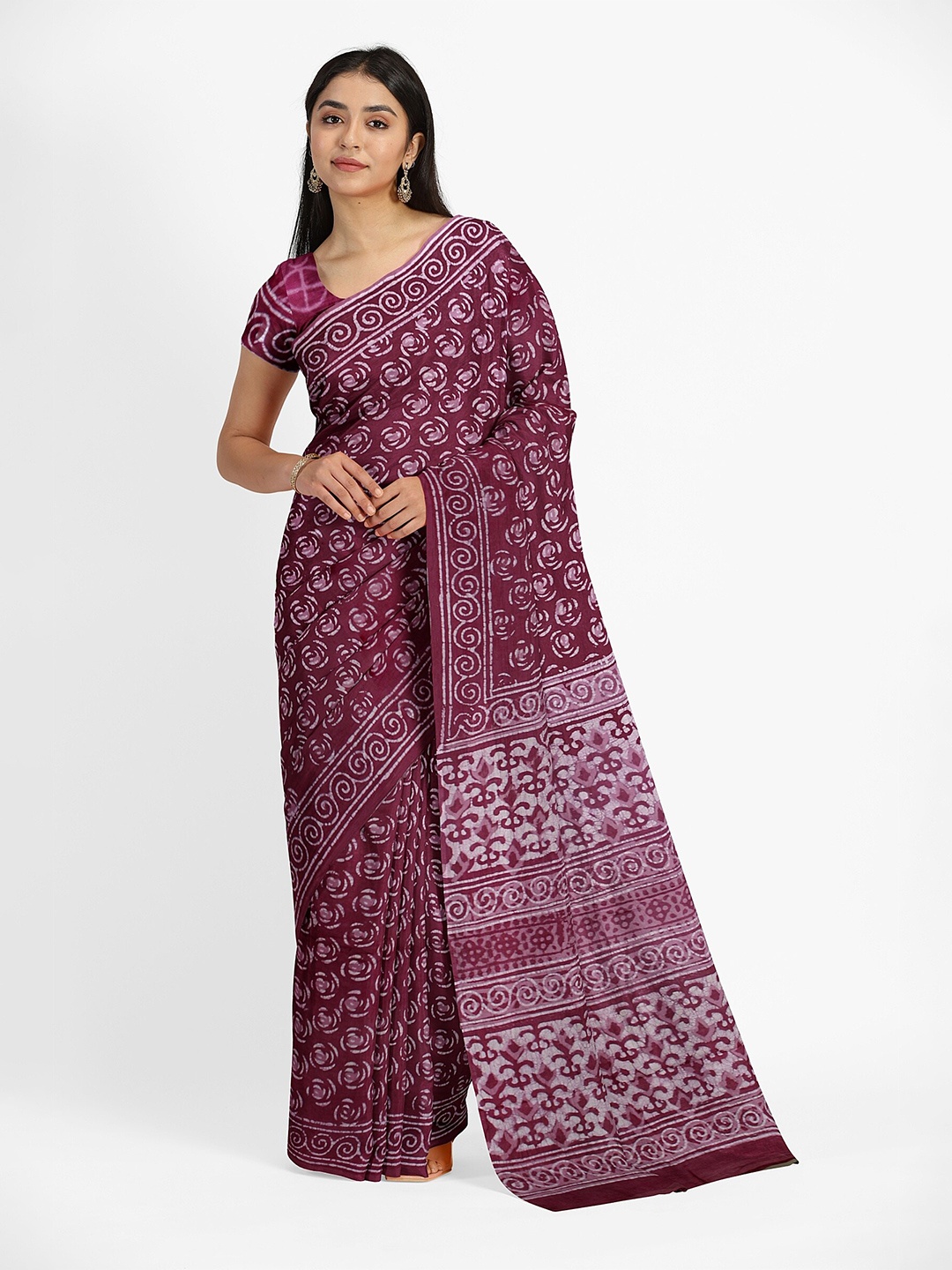 

Weaves of Tradition Dabu Pure Cotton Bagru Saree, Purple