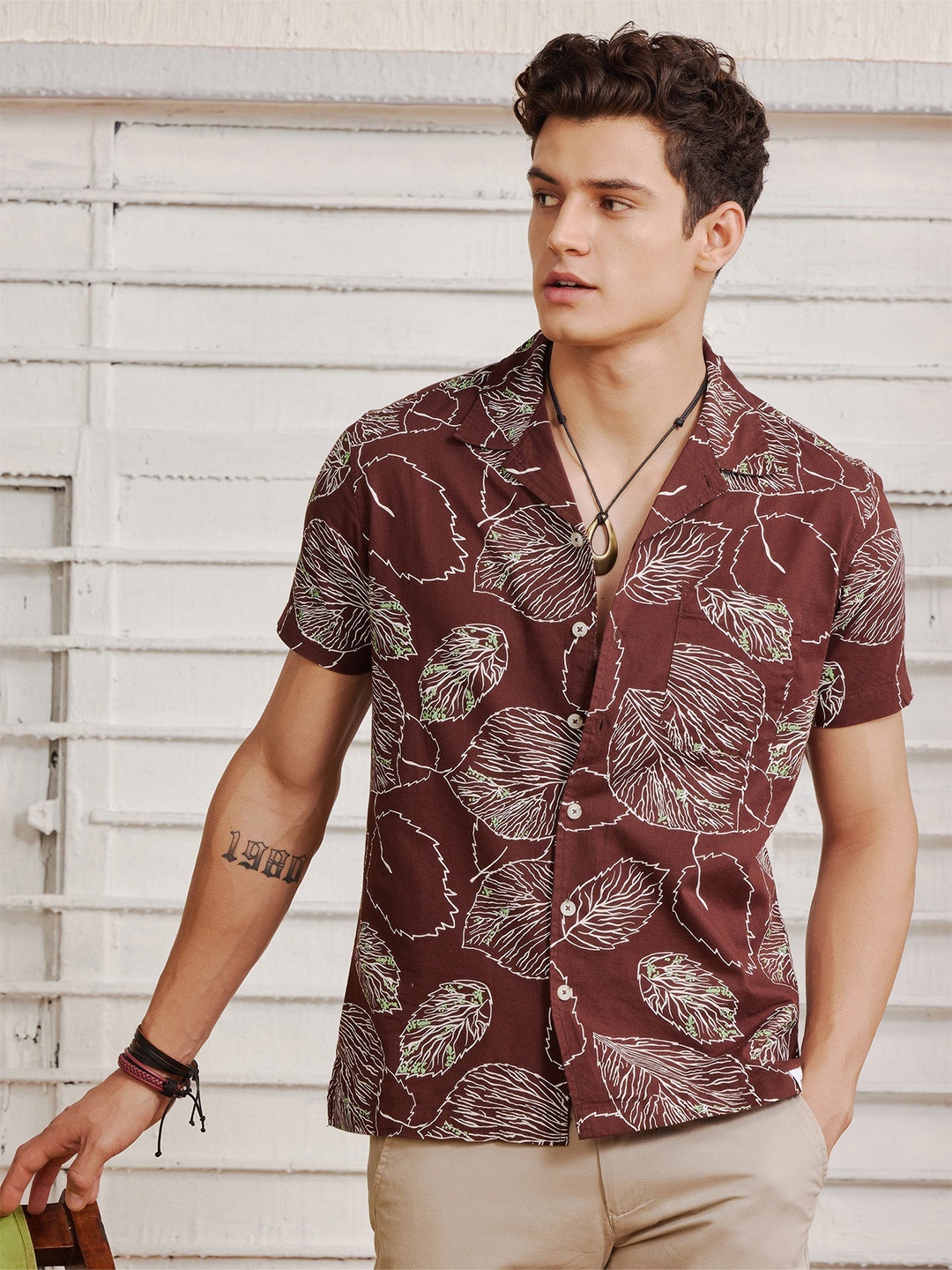 

Red Flame Floral Printed Pure Cotton Casual Shirt, Brown