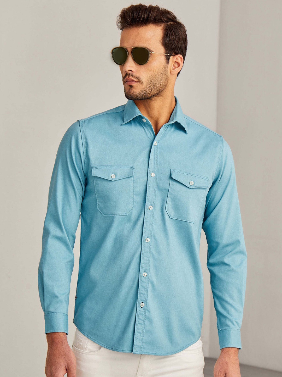 

Red Flame Spread Collar Casual Shirt, Blue