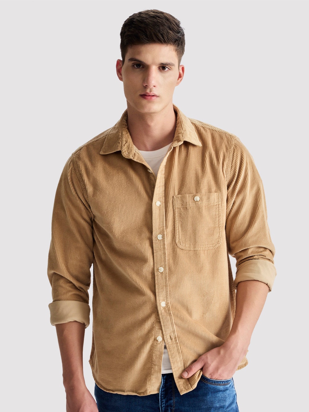 

Red Flame Textured Corduroy Pure Cotton Casual Shirt, Cream
