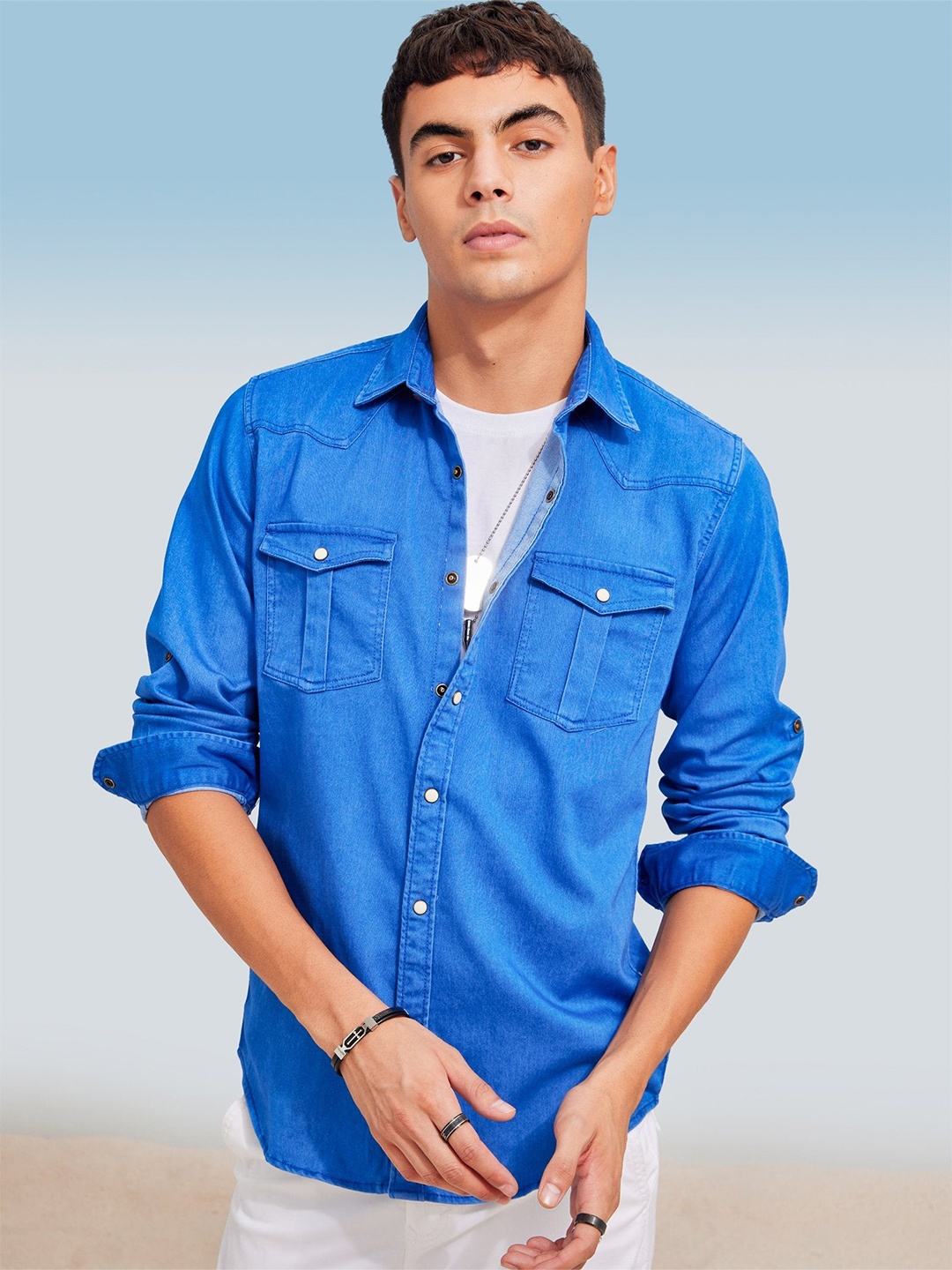 

Red Flame Spread Collar Casual Shirt, Blue