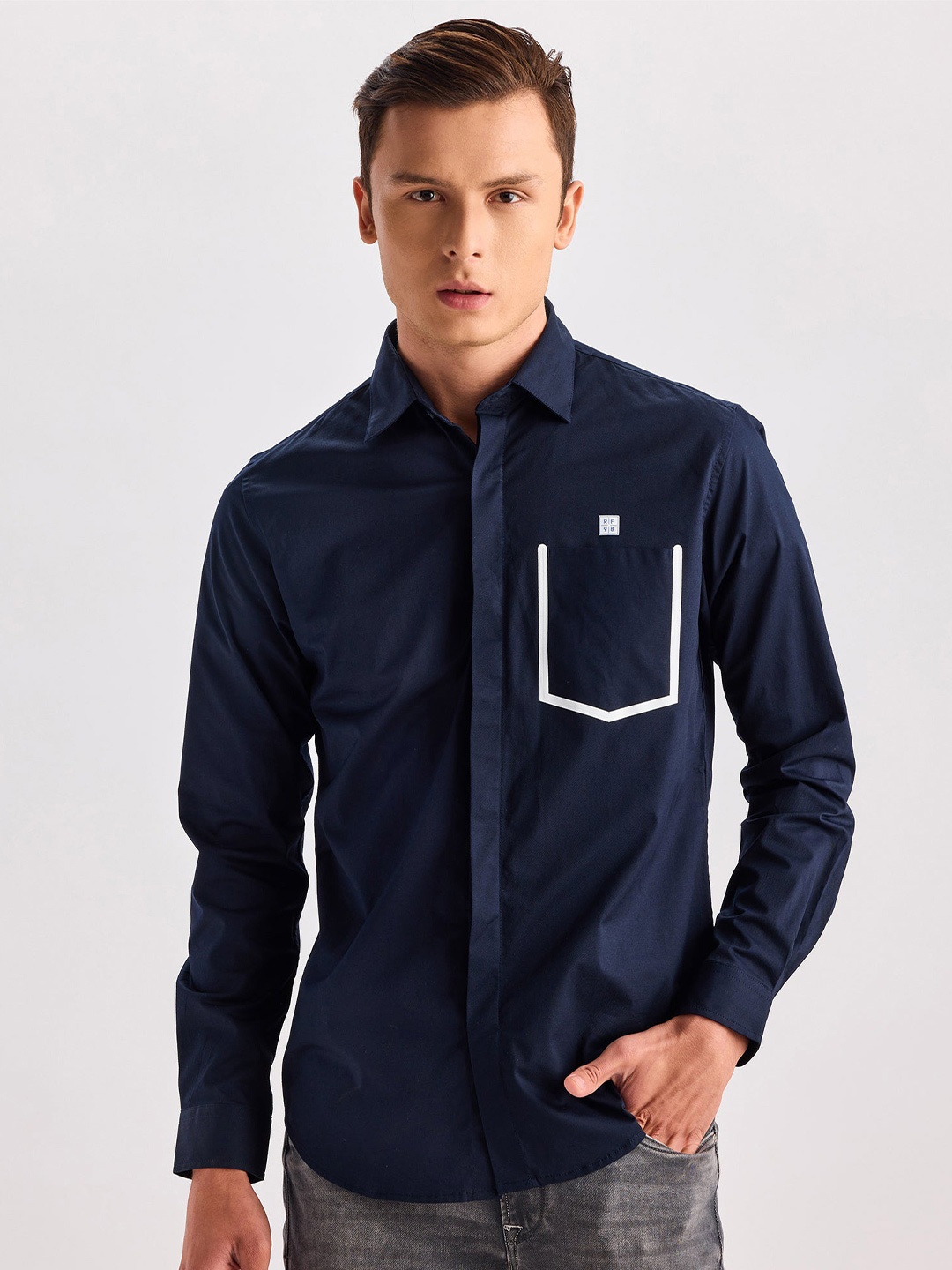 

Red Flame Spread Collar Casual Shirt, Navy blue