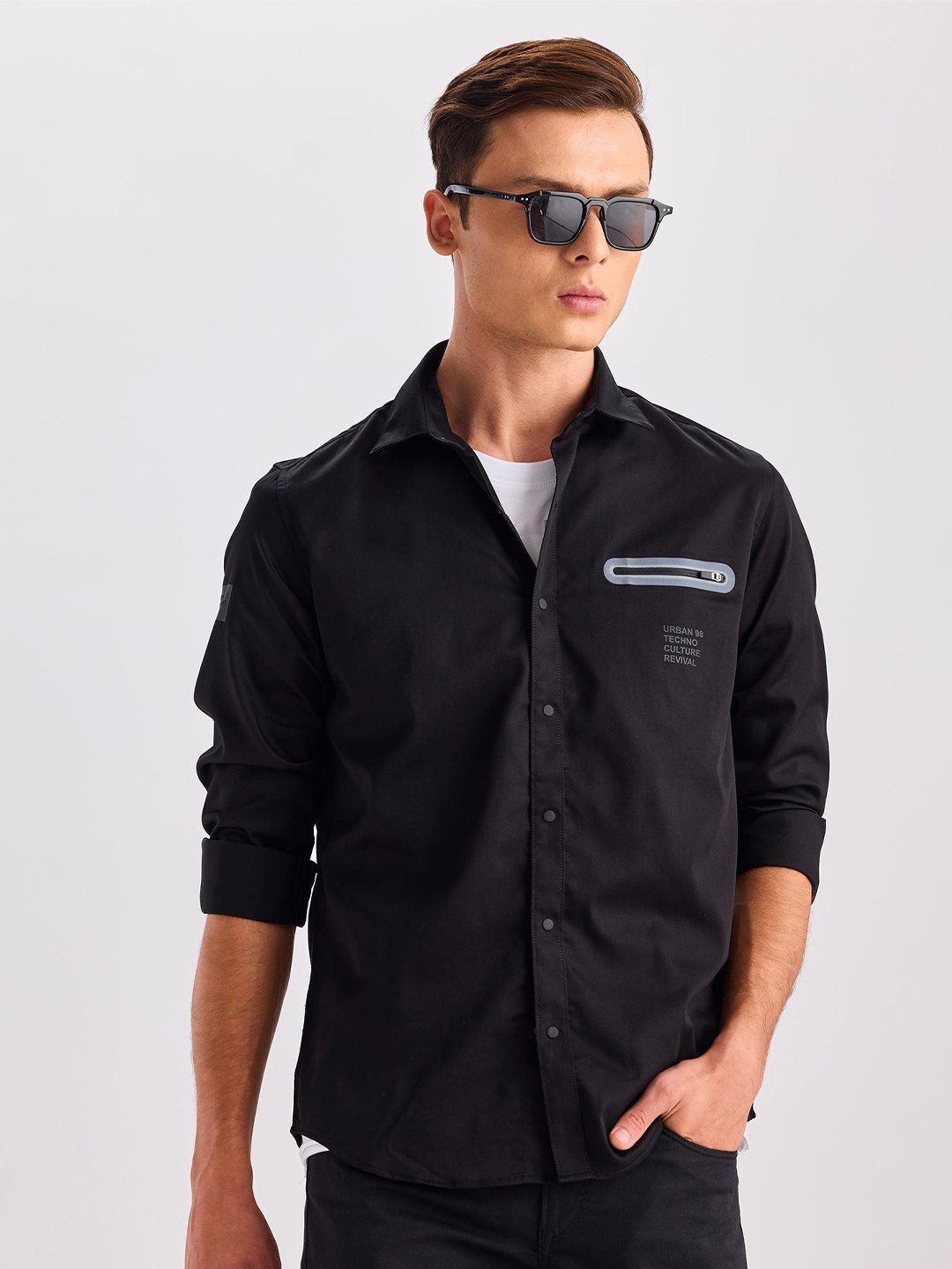 

Red Flame Spread Collar Casual Shirt, Black