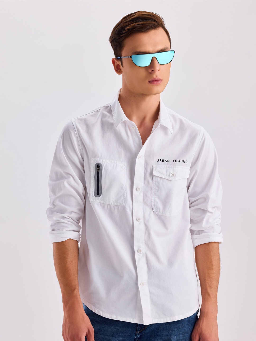 

Red Flame Spread Collar Pure Cotton Casual Shirt, White