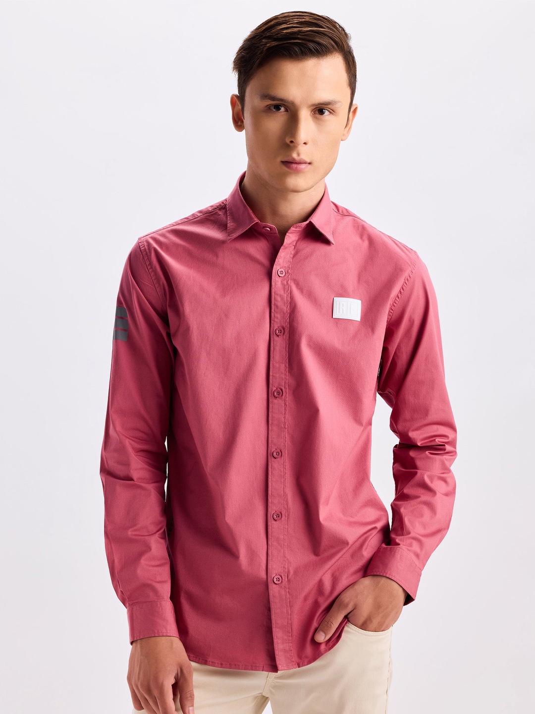 

Red Flame Spread Collar Twill Pure Cotton Casual Shirt, Pink
