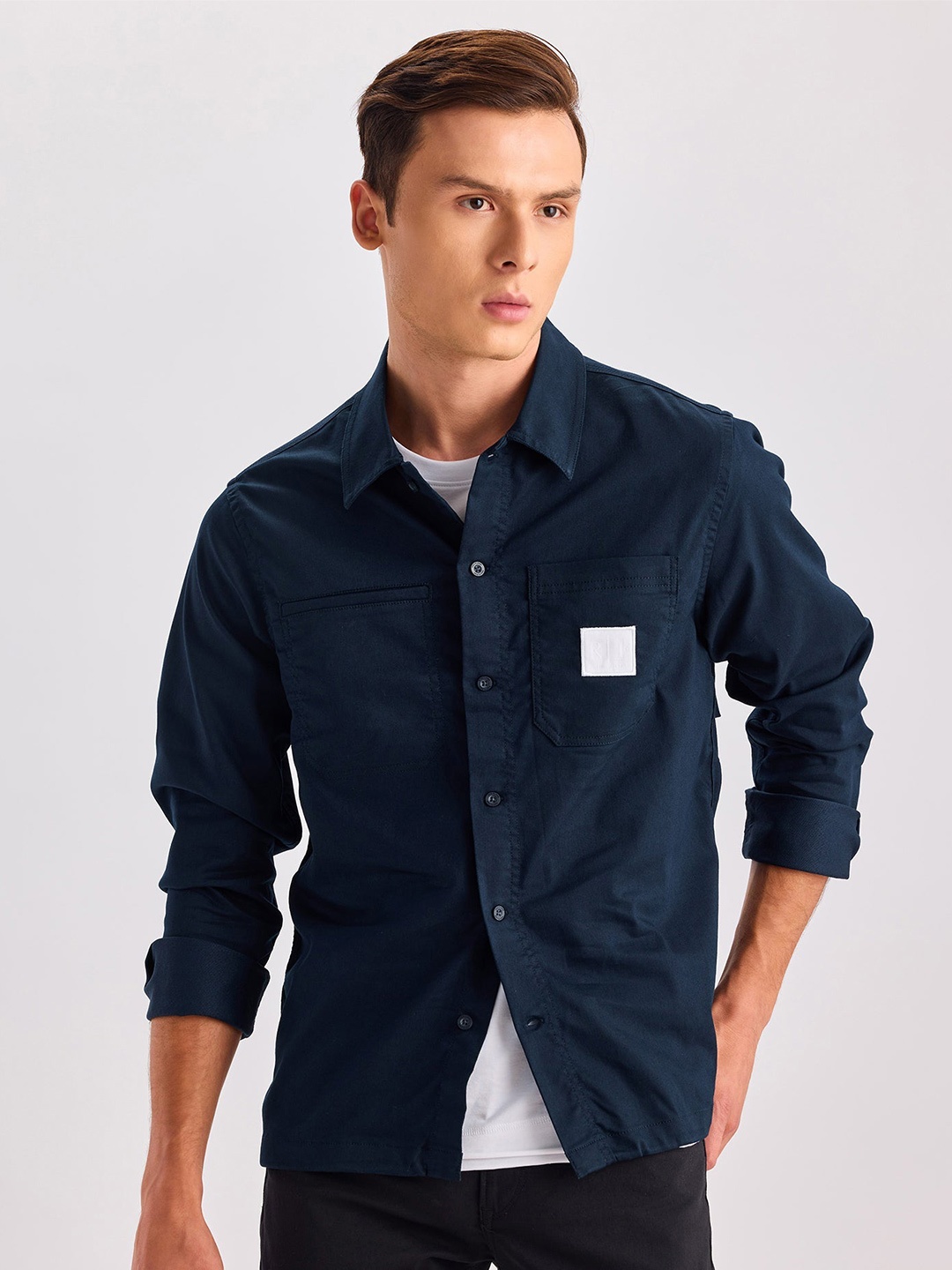 

Red Flame Spread Collar Casual Shirt, Navy blue