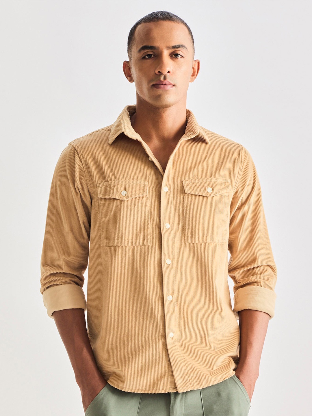 

Red Flame Textured Spread Collar Pure Cotton Casual Shirt, Cream