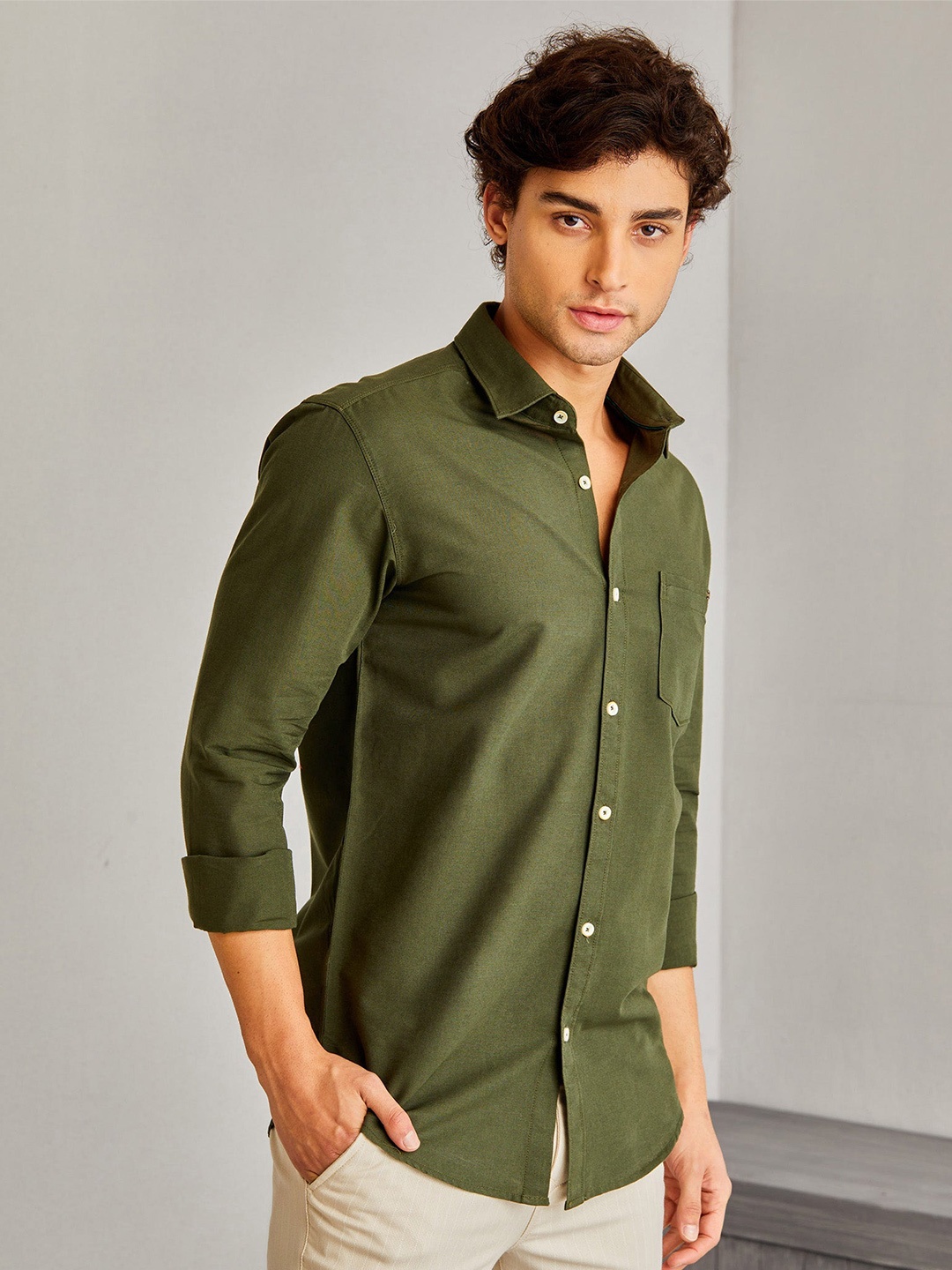 

Red Flame Spread Collar Pure Cotton Casual Shirt, Green