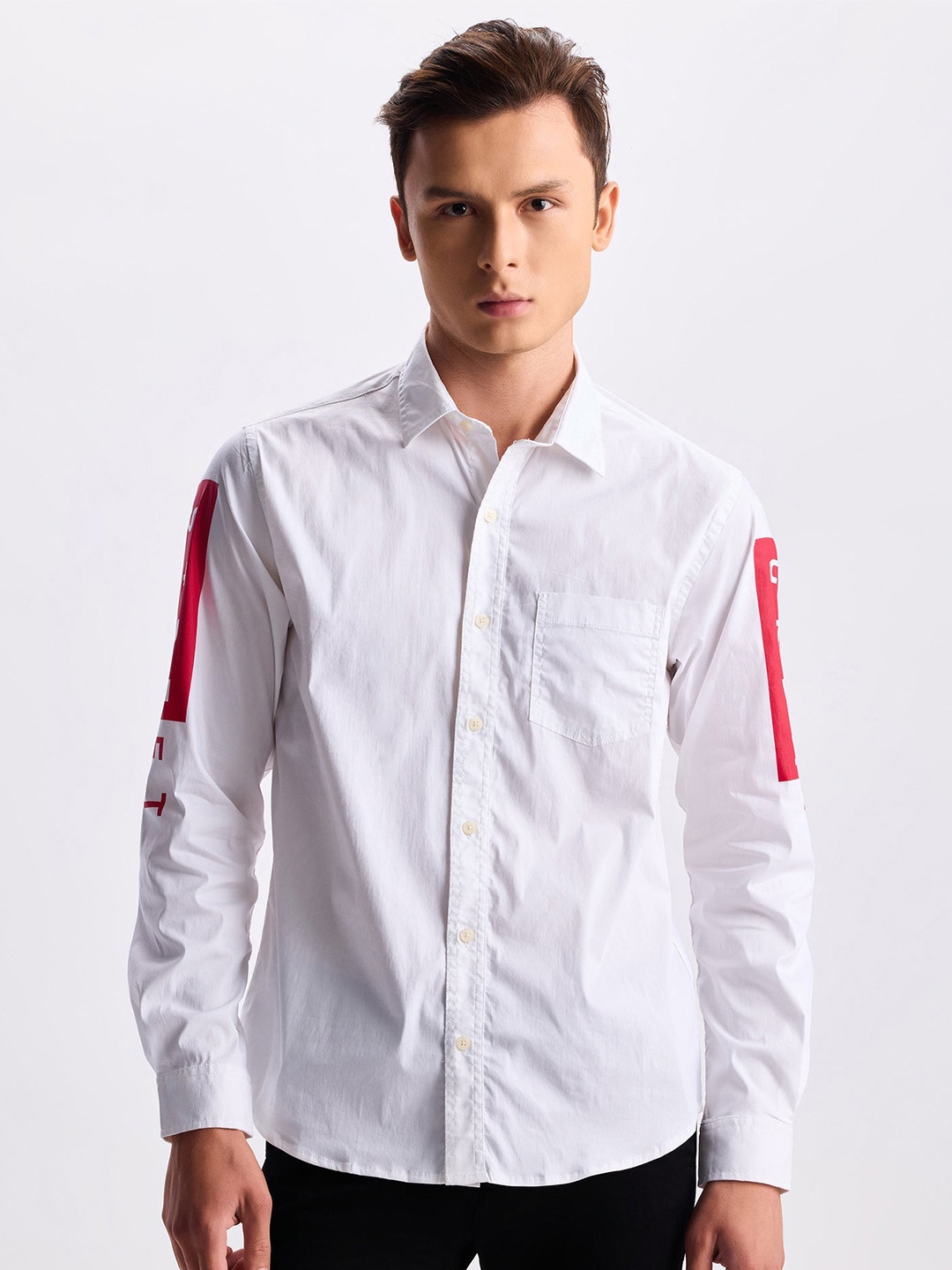 

Red Flame Typography Printed Spread Collar Twill Casual Shirt, White