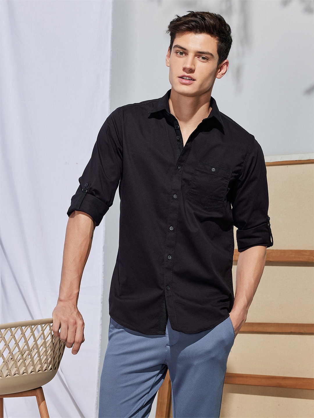

Red Flame Spread Collar Casual Shirt, Black