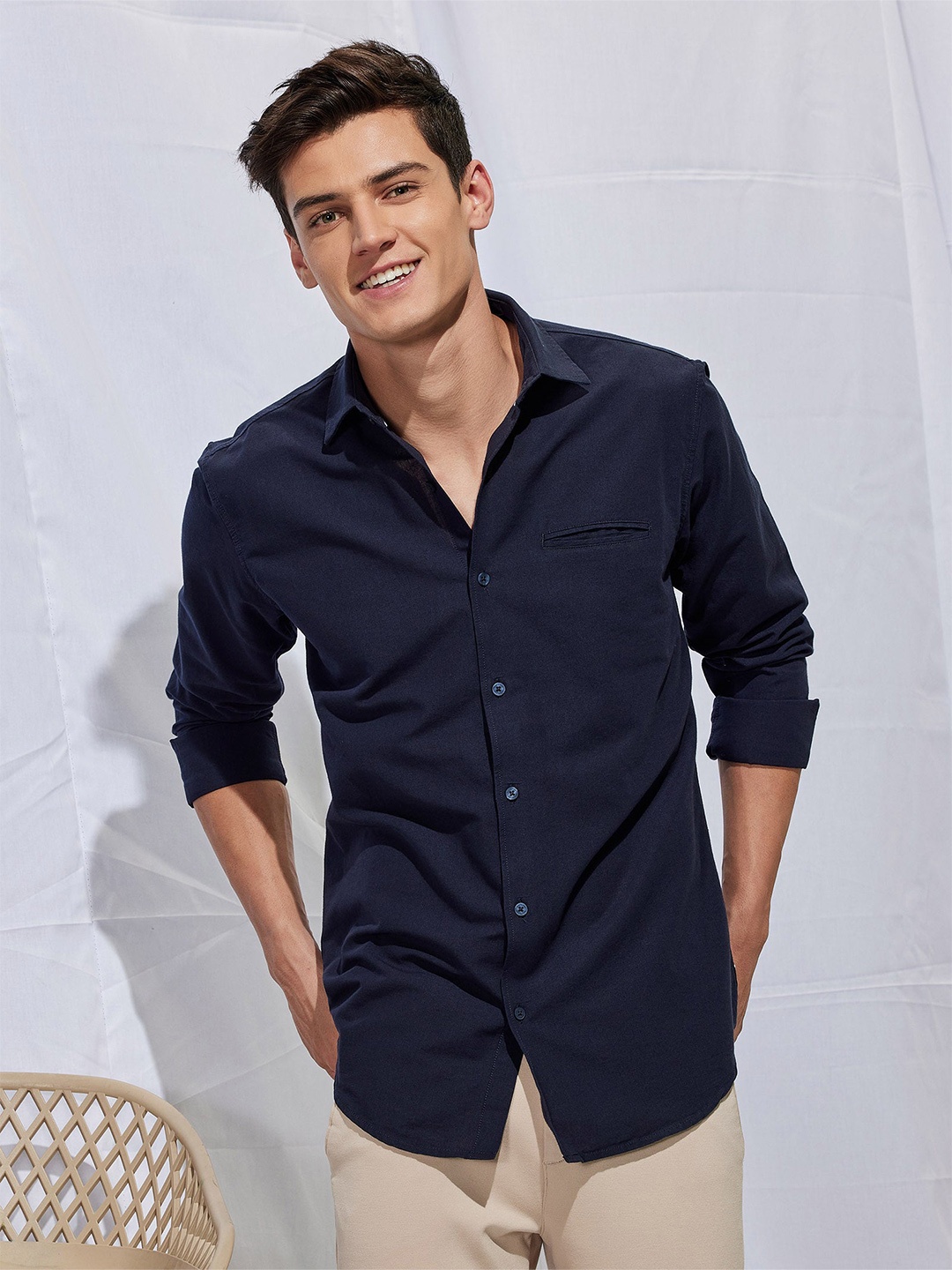 

Red Flame Spread Collar Casual Shirt, Navy blue