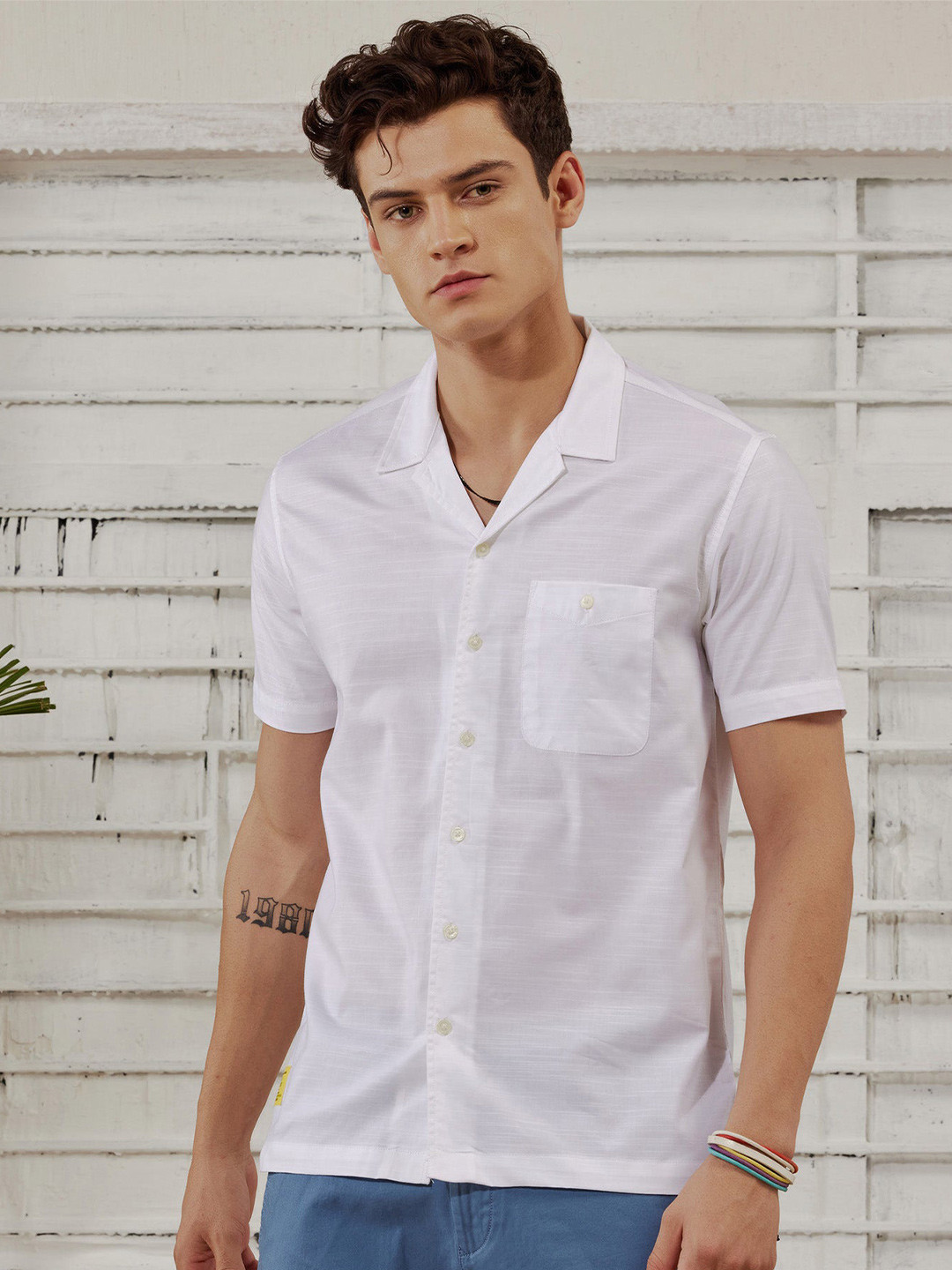 

Red Flame Spread Collar Casual Shirt, White