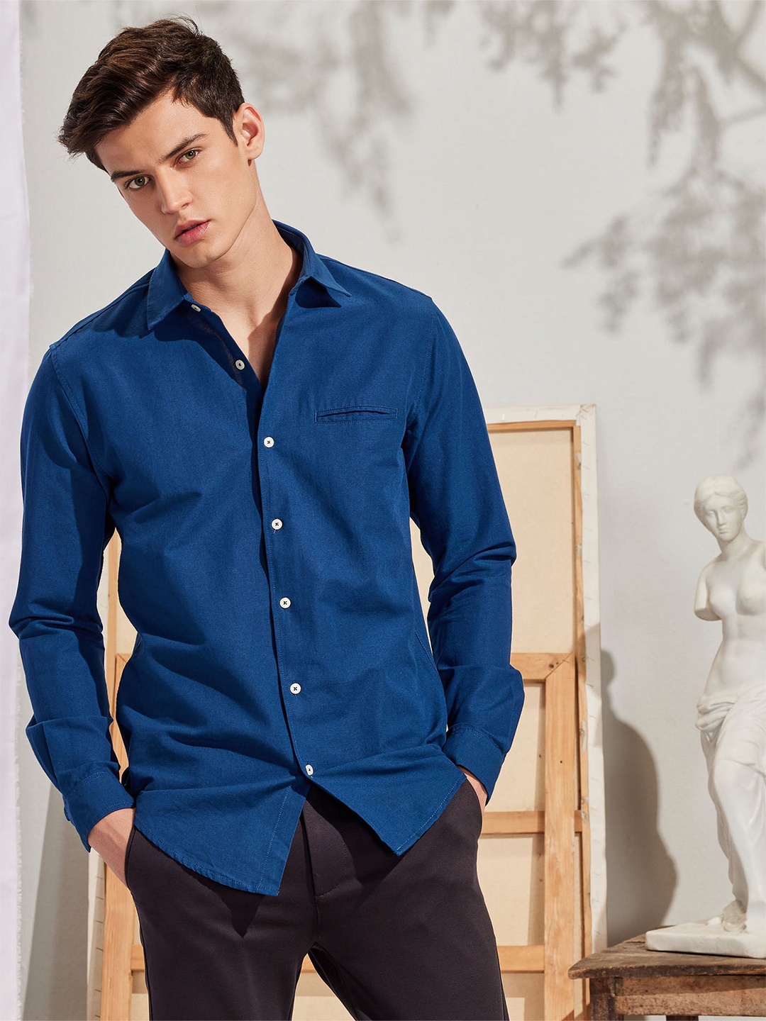 

Red Flame Spread Collar Pure Cotton Casual Shirt, Navy blue