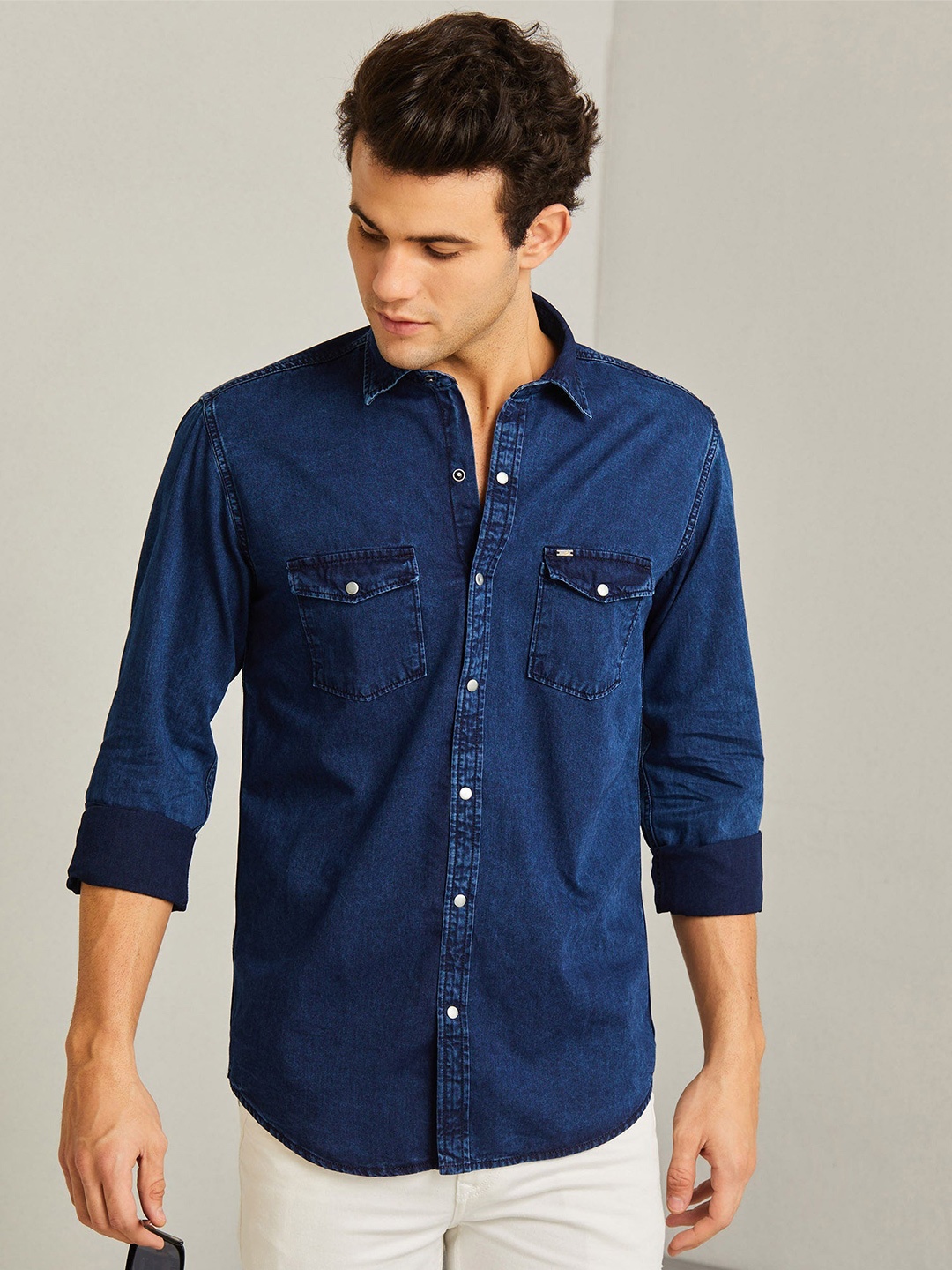 

Red Flame Spread Collar Pure Cotton Casual Shirt, Navy blue