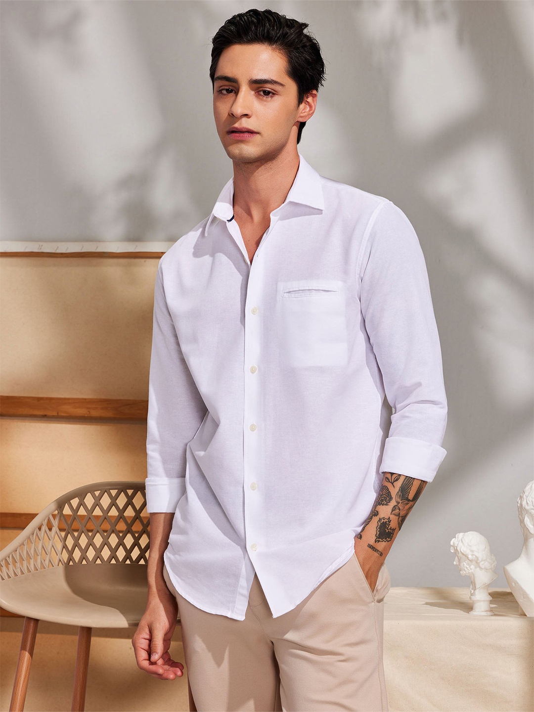 

Red Flame Spread Collar Pure Cotton Casual Shirt, White