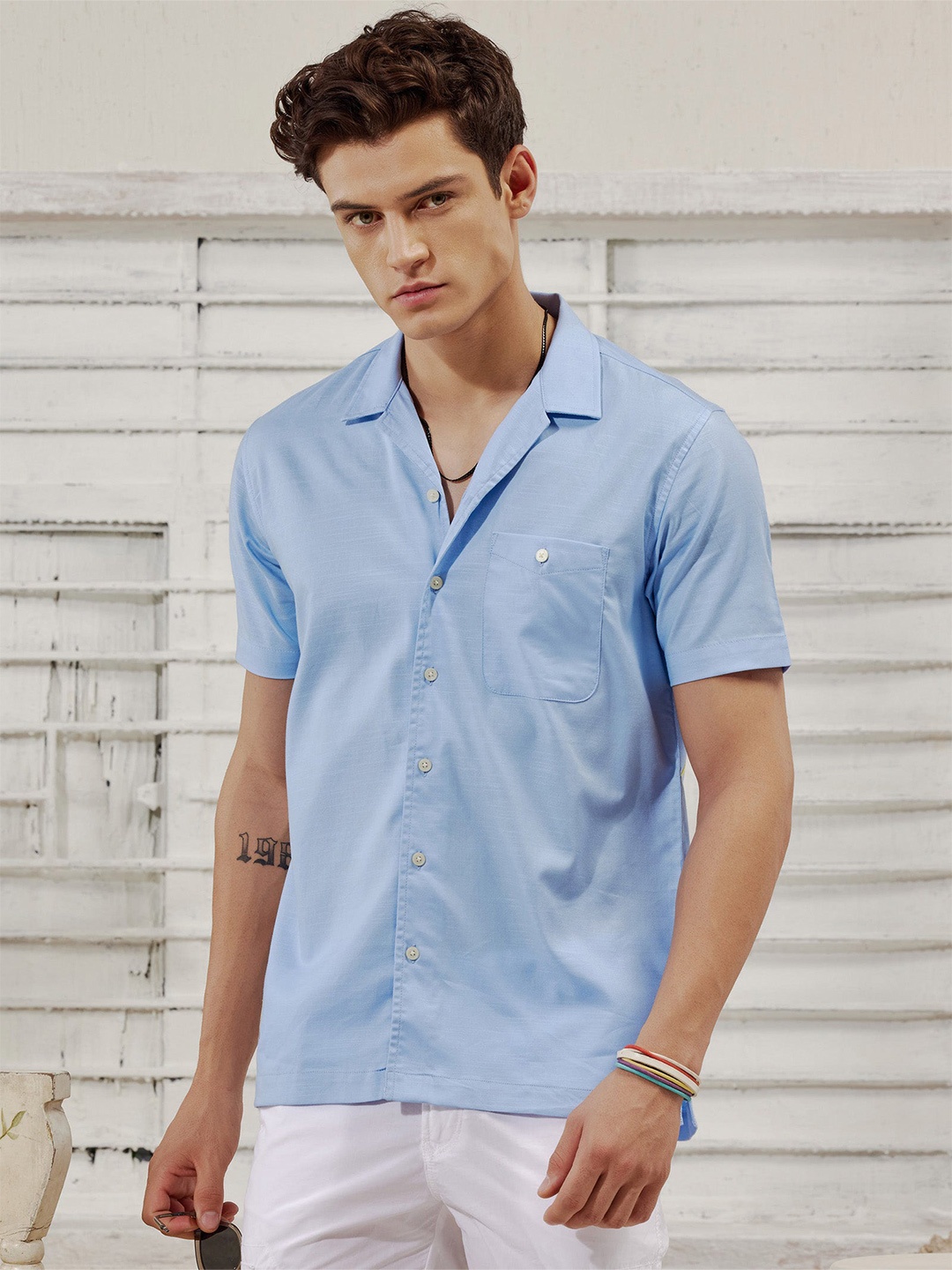 

Red Flame Spread Collar Casual Shirt, Blue