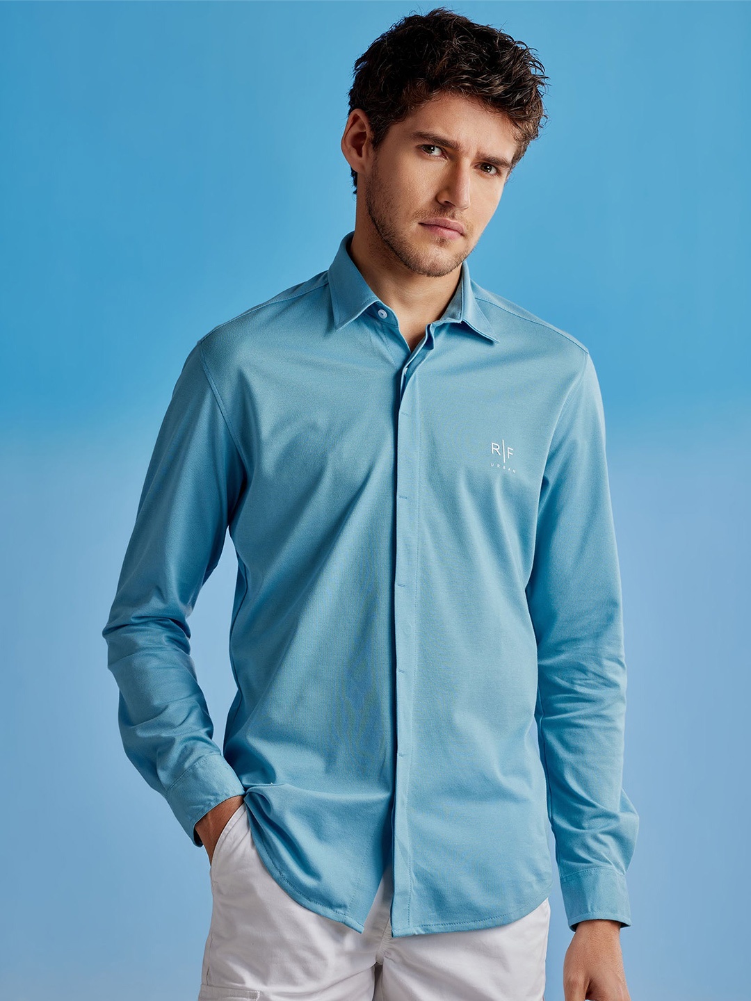 

Red Flame Spread Collar Casual Shirt, Blue