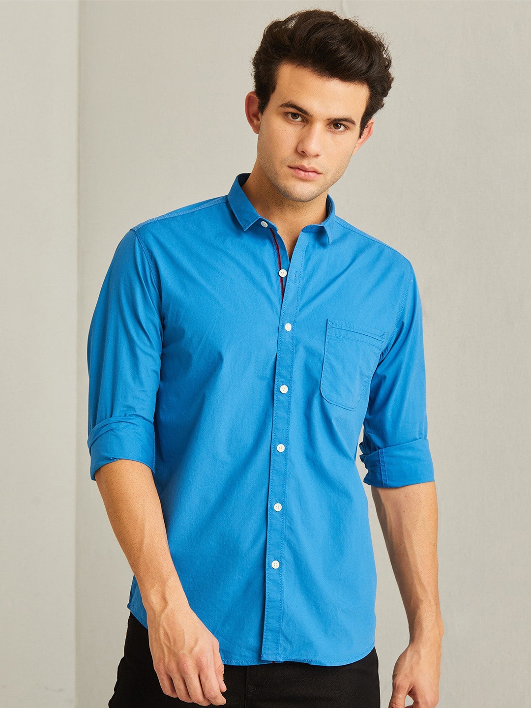 

Red Flame Spread Collar Pure Cotton Casual Shirt, Blue