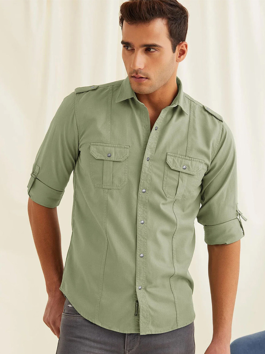 

Red Flame Spread Collar Casual Shirt, Green