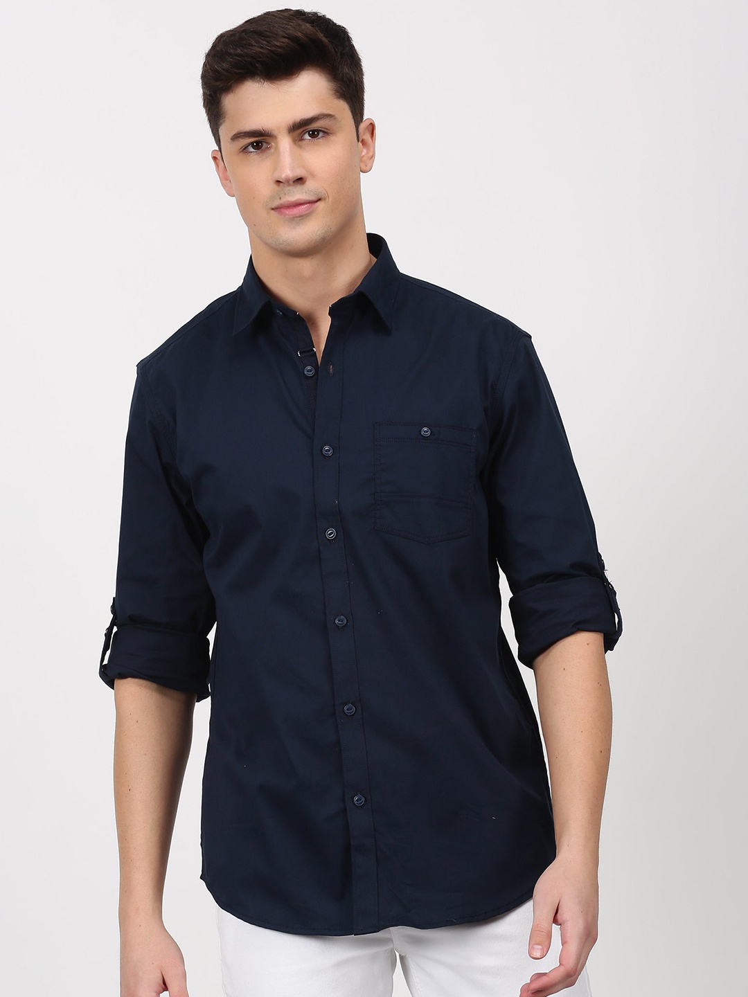 

Red Flame Spread Collar Roll-Up Sleeves Twill Casual Shirt, Navy blue