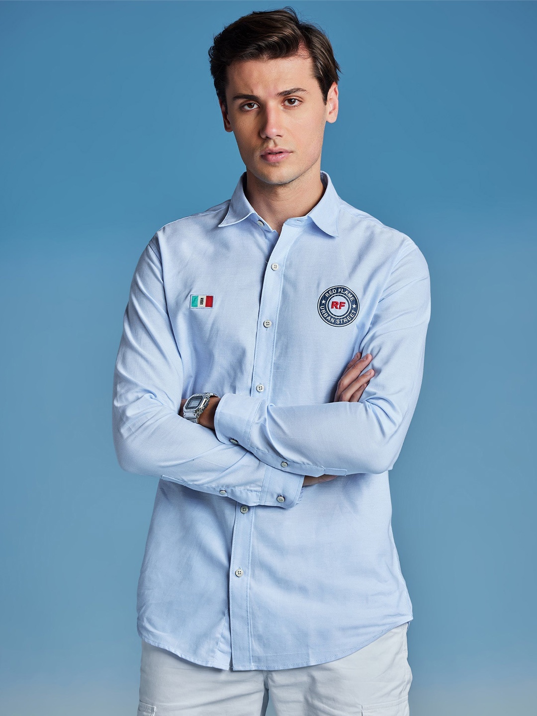 

Red Flame Spread Collar Casual Shirt, Blue