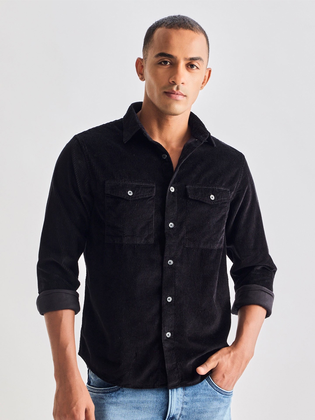 Red Flame Textured Pure Cotton Corduroy Casual Shirt, Black
