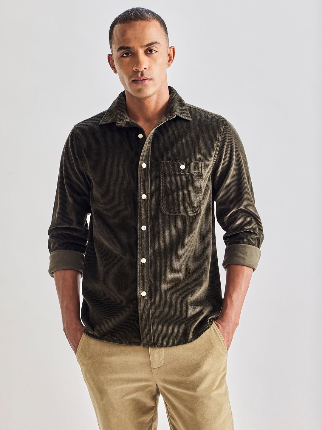 

Red Flame Self Design Pure Cotton Casual Shirt, Olive