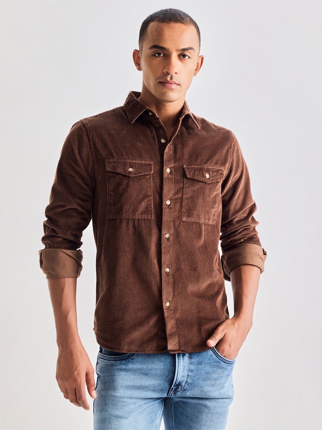 

Red Flame Spread Collar Pure Cotton Casual Shirt, Brown