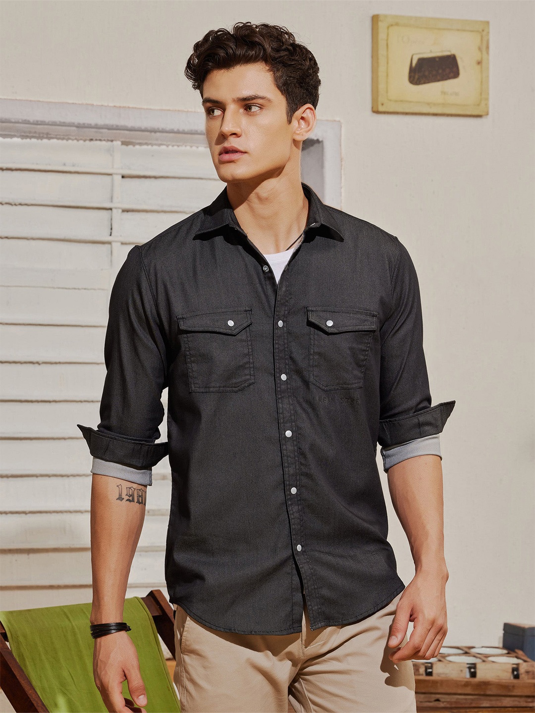 

Red Flame Spread Collar Casual Shirt, Black