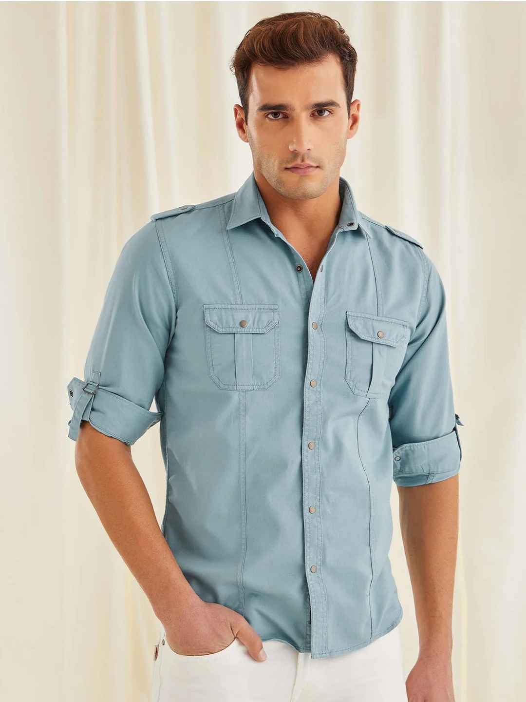 

Red Flame Spread Collar Casual Shirt, Blue