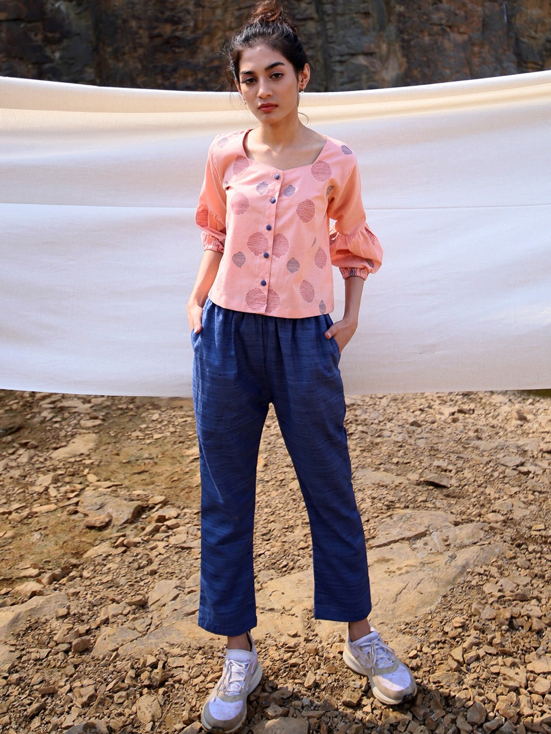 

SPARROW Geometric Embroidered Puff Sleeve Cotton Shirt Style Top, Peach