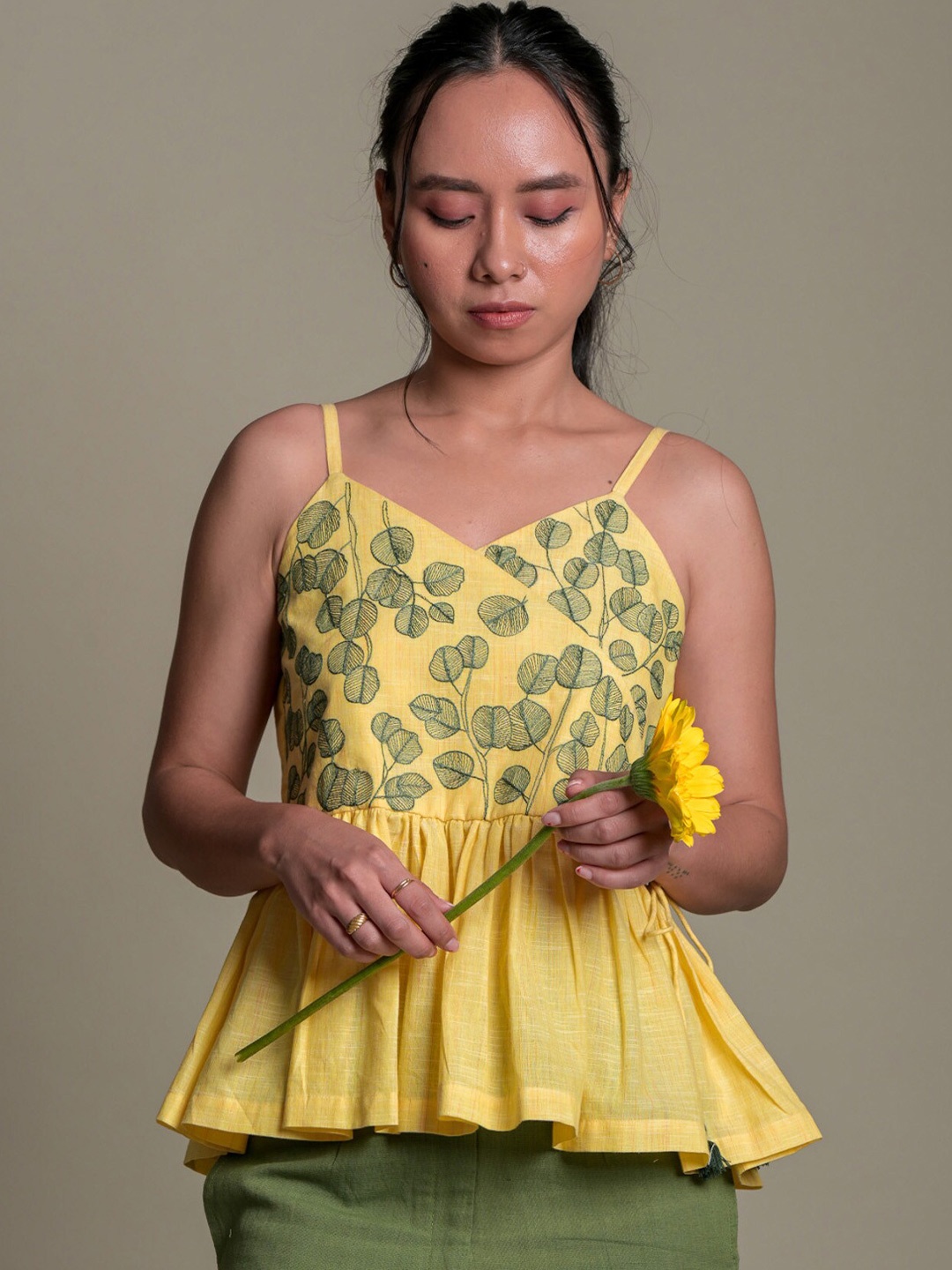 

SPARROW Floral Embroidered Shoulder Straps Cotton Peplum Top, Yellow