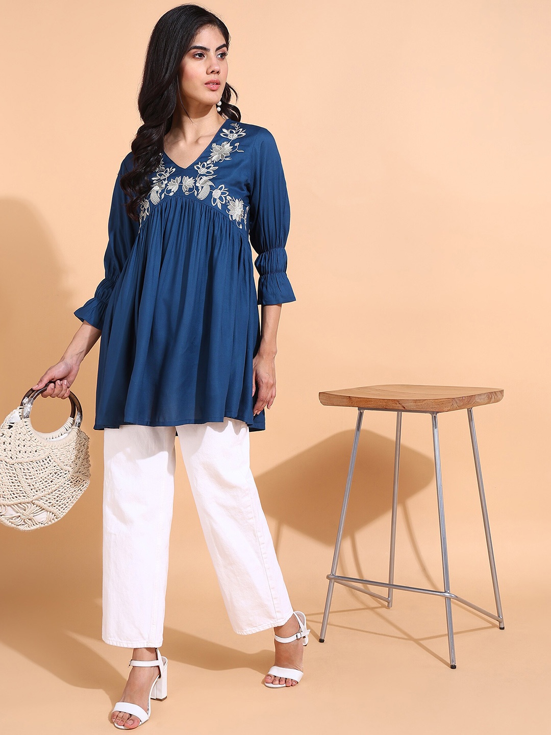 

JAIPURFAME V-Neck Floral Embroidered Gathered or Pleated A-Line Top, Blue