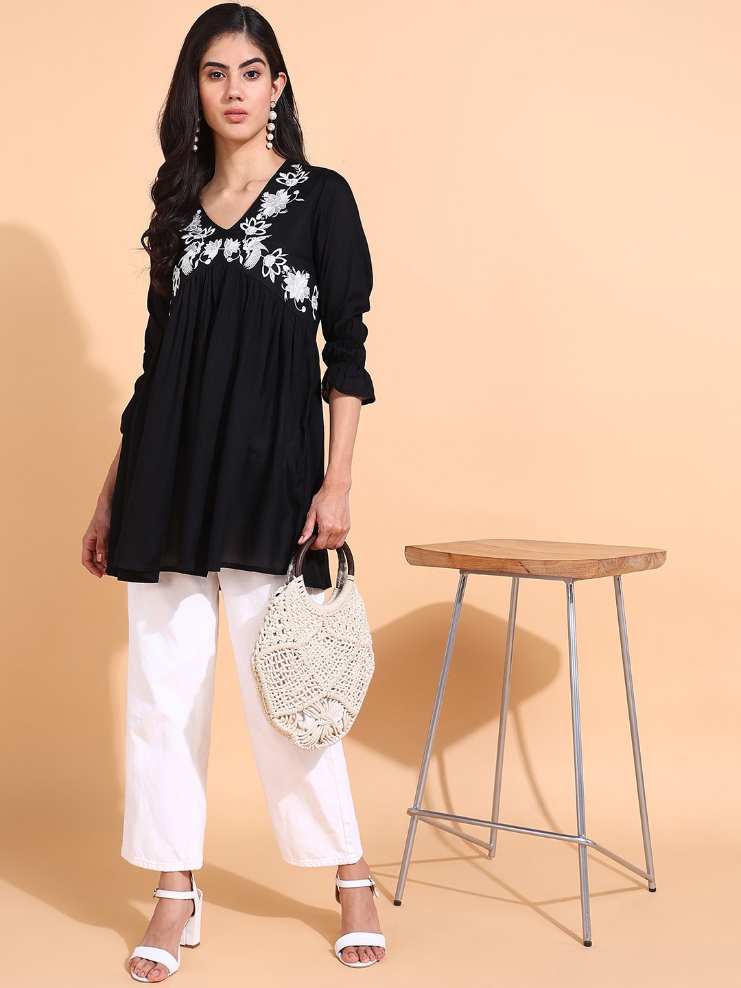 

JAIPURFAME V-Neck Floral Embroidered Gathered or Pleated A-Line Top, Black