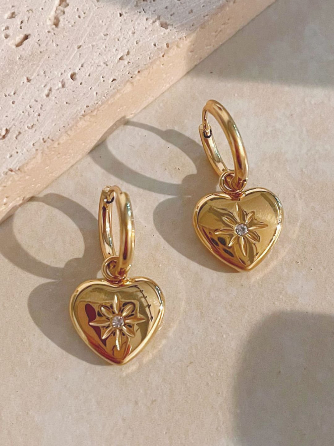 

Dorada Jewellery Gold-Plated Stainless Steel Cubic Zirconia Heart Shaped Drop Earrings