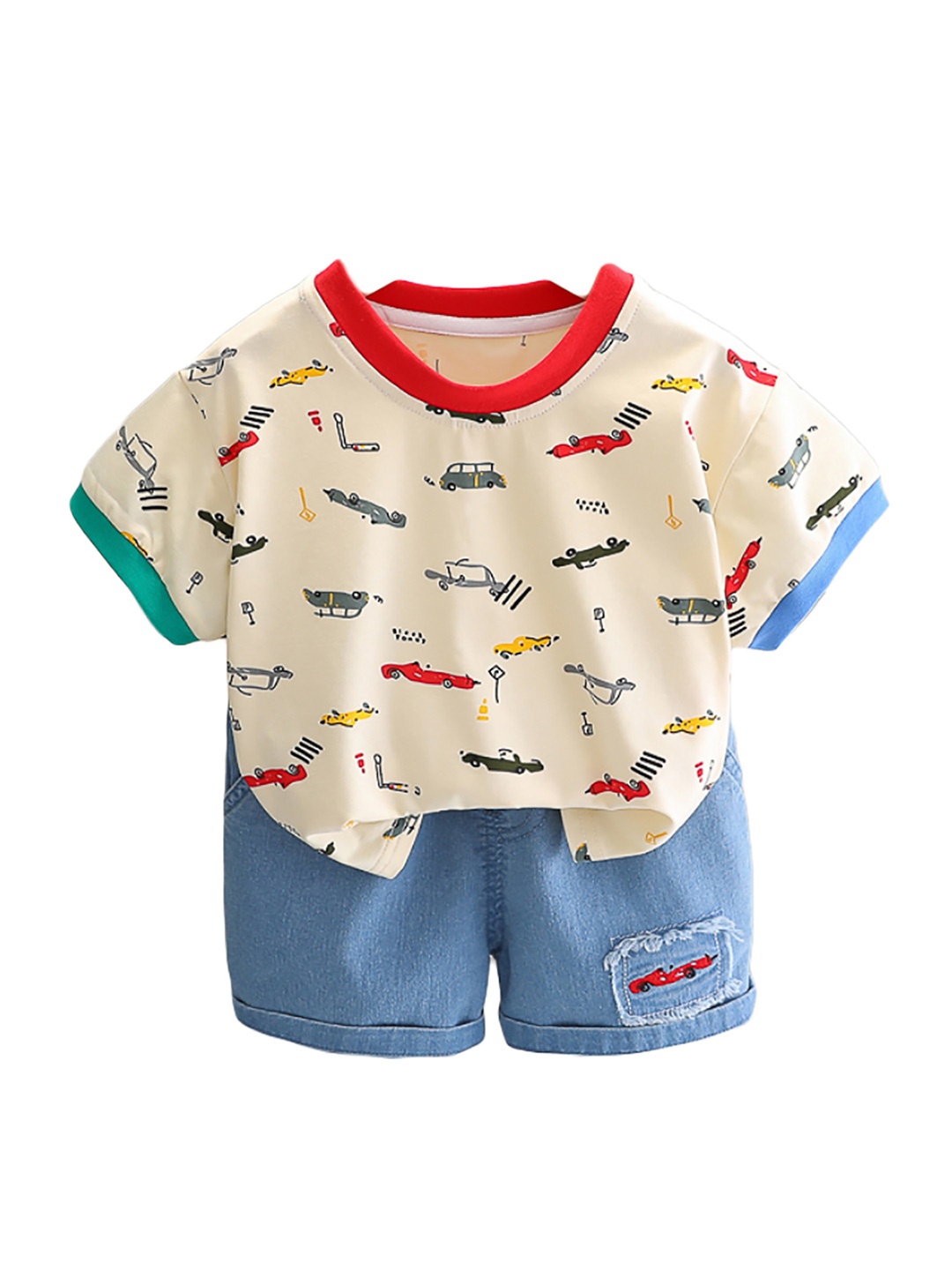 

StyleCast x Revolte Boys Beige & Blue Printed Round Neck T-shirt with Shorts