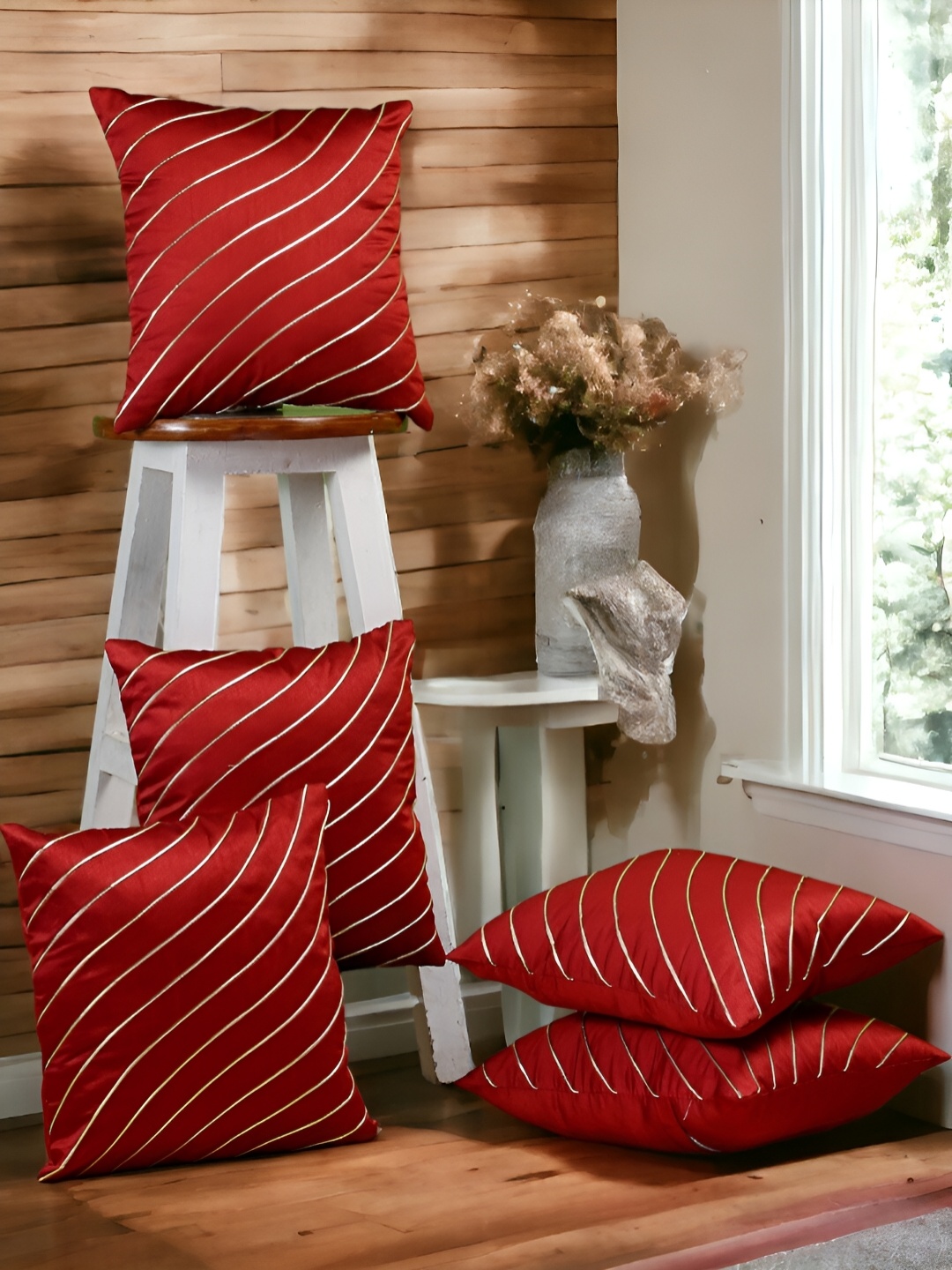 

Zikrak Exim Red 5 Pieces Self Design Square Cushion Covers