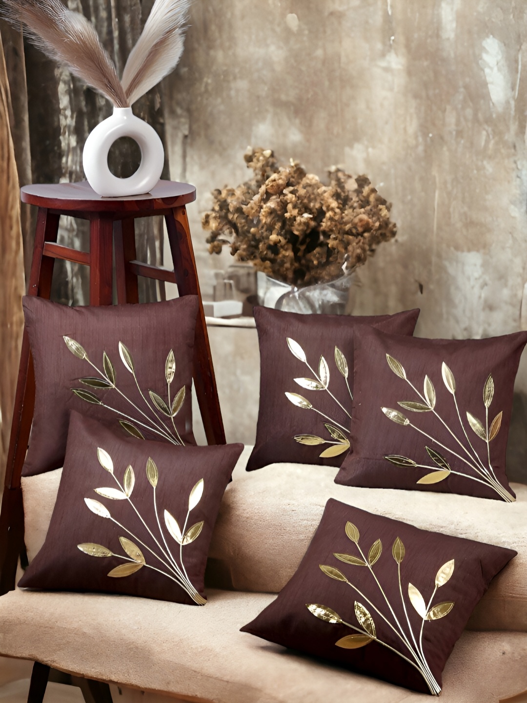 

Zikrak Exim Brown 5 Pieces Self Design Square Cushion Covers