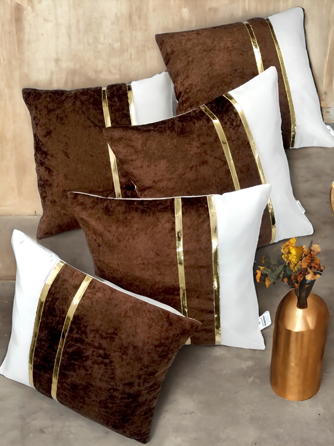 

Zikrak Exim Brown & White 5 Pieces Velvet Square Cushion Covers