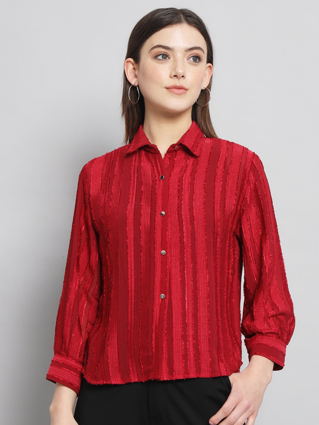 

RAER Standard Self Designed Spread Collar Chiffon Casual Shirt, Maroon