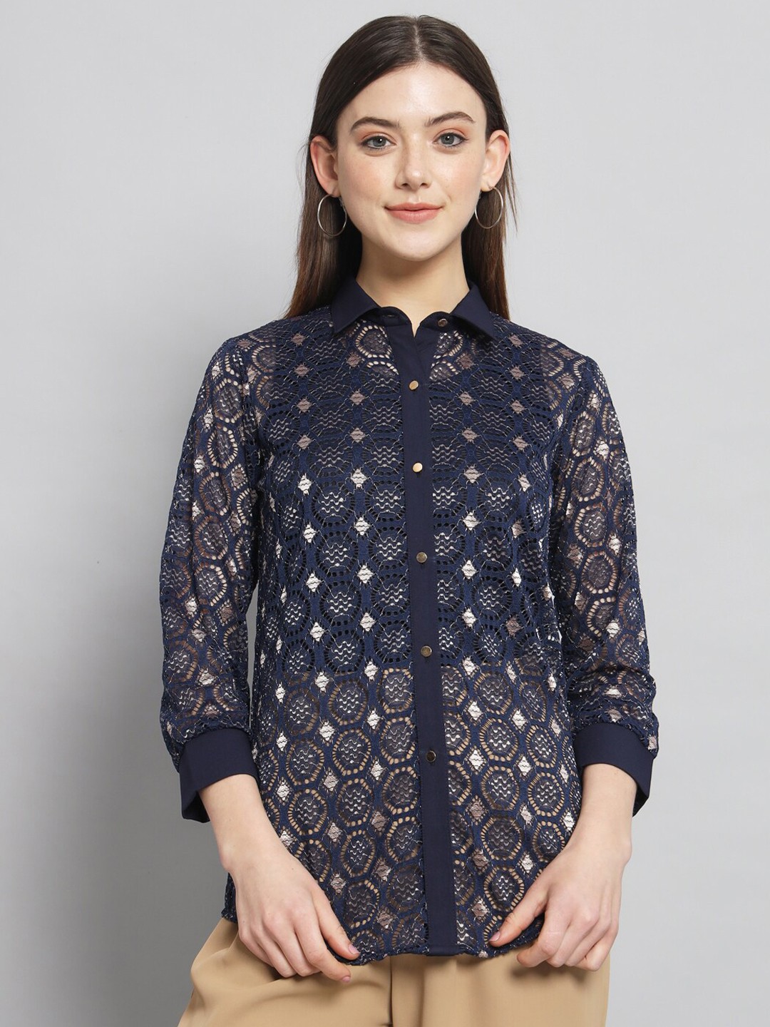 

RAER Standard Spread Collar Sheer Casual Shirt, Navy blue