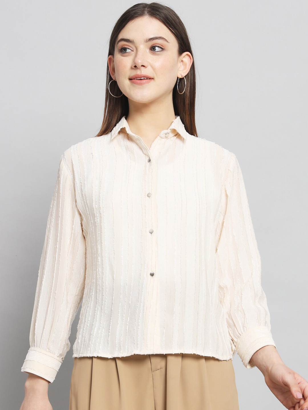

RAER Standard Self Designed Spread Collar Chiffon Casual Shirt, Cream