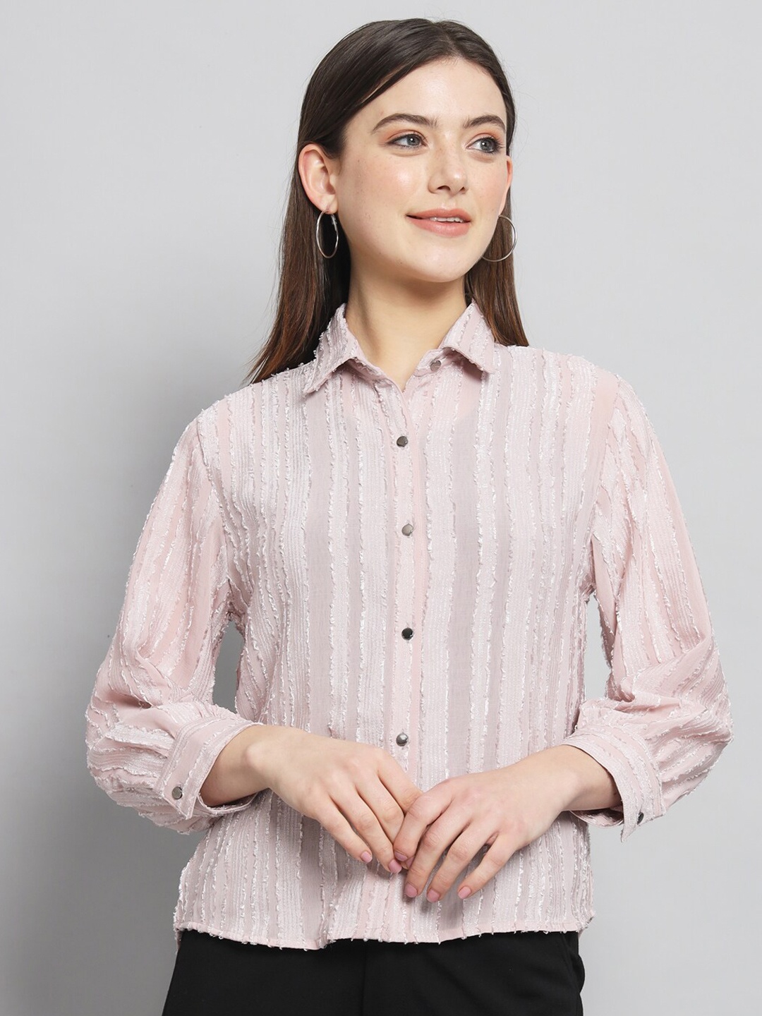 

RAER Standard Self Designed Spread Collar Chiffon Casual Shirt, Peach