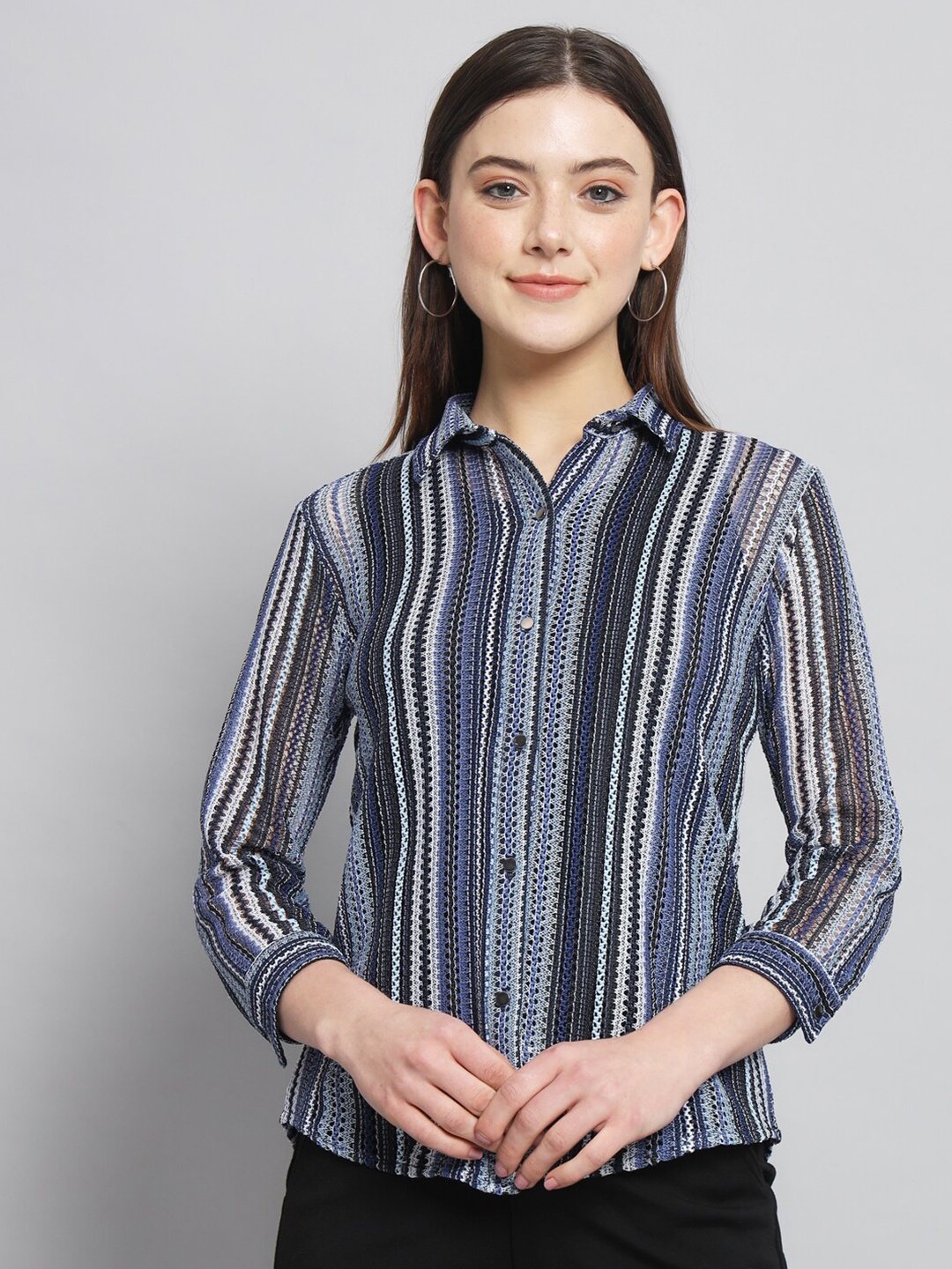 

RAER Standard Self Designed Spread Collar Cotton Casual Shirt, Blue