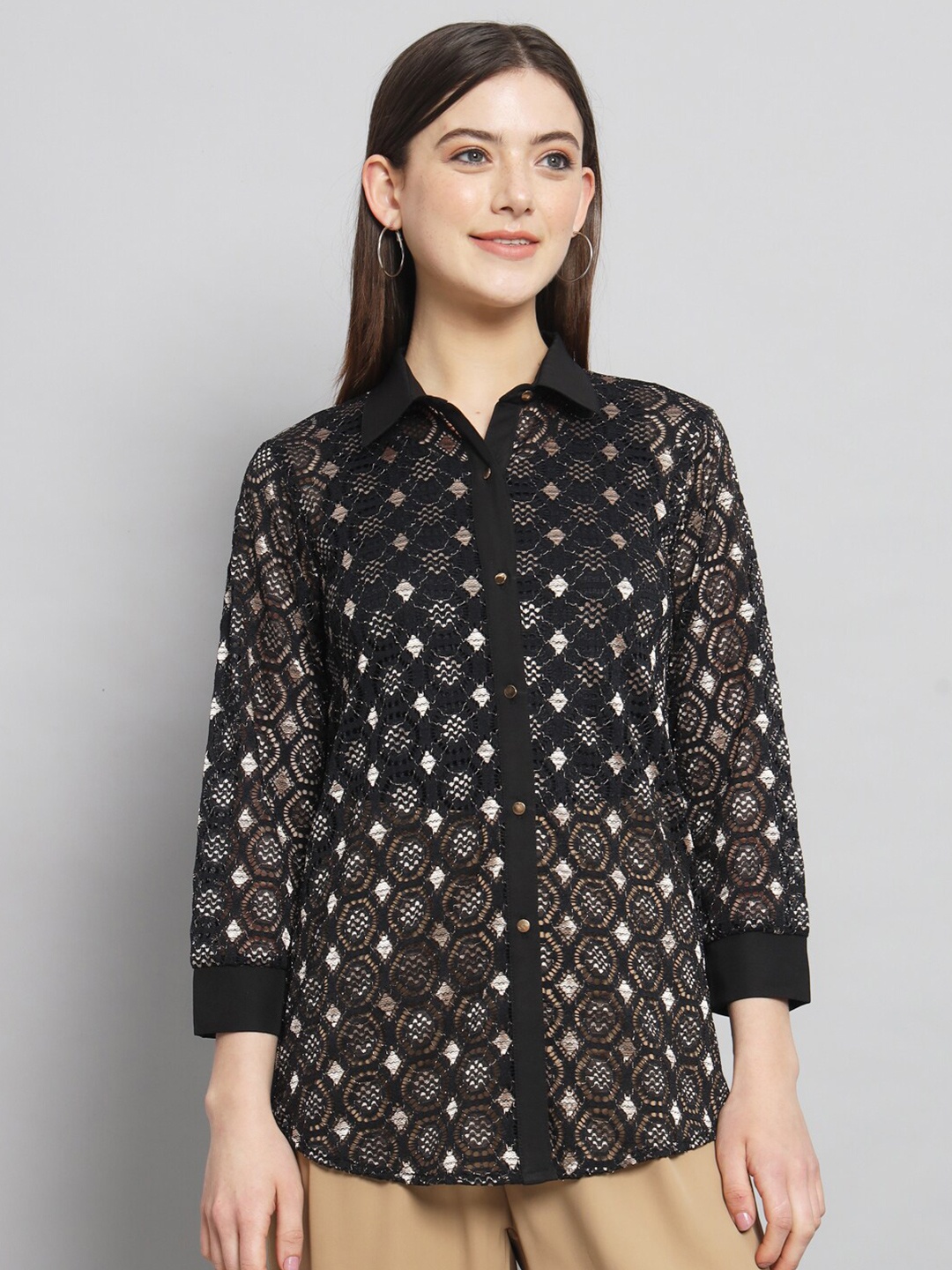 

RAER Standard Self Designed Spread Collar Cotton Casual Shirt, Black