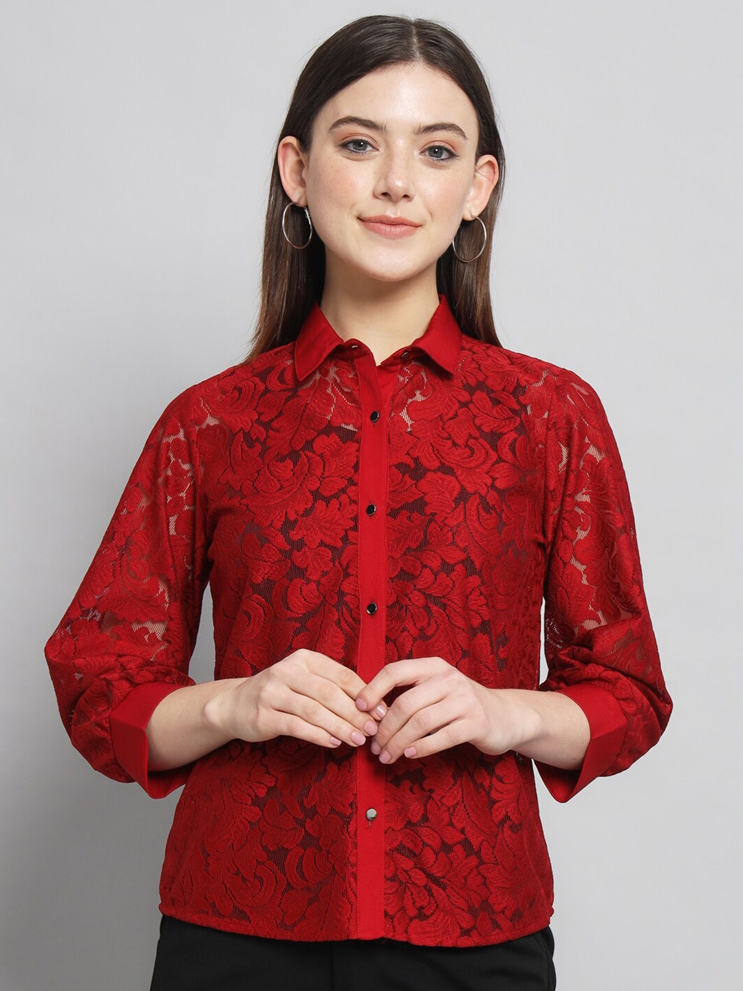 

RAER Standard Floral Sheer Spread Collar Casual Shirt, Red