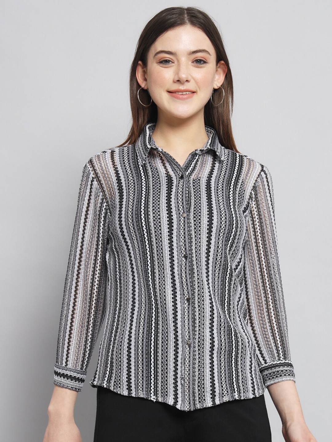 

RAER Standard Self Designed Spread Collar Cotton Casual Shirt, Black